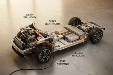 Najważniejsze elementy hybrydy plug-in: silnik spalinowy, silnik elektryczny, akumulator trakcyjny i gniazdo ładowania