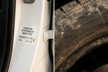 Naklejka z zalecanym ciśnieniem na słupku drzwi obok zdjęcia oznaczenia MAX PRESS na oponie
