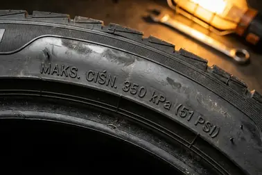 Napis MAX PRESS oraz jednostki kPa i PSI wytłoczone na bocznej ścianie opony samochodowej