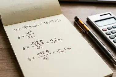 Obliczenie drogi hamowania z prędkości 50 km/h dla opóźnienia 8-10 m/s²