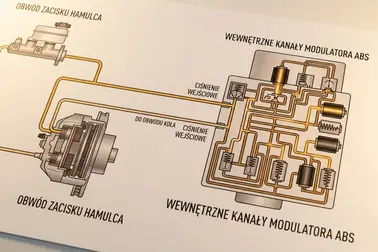 Obwód hydrauliczny hamulców z zaznaczonym modulatorem ABS i odpowietrznikiem przy kole