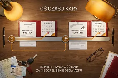 Oś czasu pokazująca terminy 30 i 180 dni oraz przypisane do nich kary
