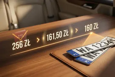 Oś zmian kosztu rejestracji samochodu od 256 zł przez 161,50 zł do 160 zł
