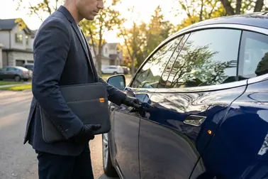 Osoba sprawdzająca klamkę samochodu z kluczykiem Keyless umieszczonym w etui ekranującym