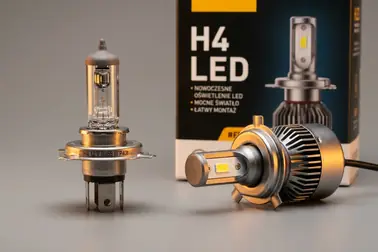 Oznaczenie H4 12 V 60/55 W P43t oraz handlowy napis H4 LED na dwóch źródłach światła