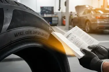 Oznaczenie MAX PRESS na boku opony zestawione z zaleceniem ciśnienia na naklejce samochodu