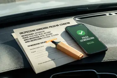 Papierowa polisa OC samochodu i telefon wyświetlający potwierdzenie ubezpieczenia na ekranie