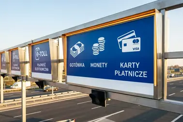 Piktogramy informujące o możliwości płatności gotówką i kartą na bramce autostradowej