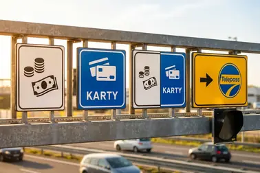 Piktogramy pasów na włoskich bramkach poboru opłat: gotówka, karta, pas mieszany i Telepass