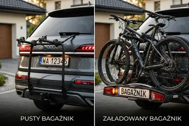 Platforma rowerowa przed załadunkiem i po zamocowaniu rowerów zasłaniających tylną tablicę samochodu