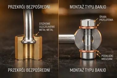 Połączenie sztywnej rurki uszczelniane kielichem oraz złącze ze śrubą przelotową i dwiema podkładkami