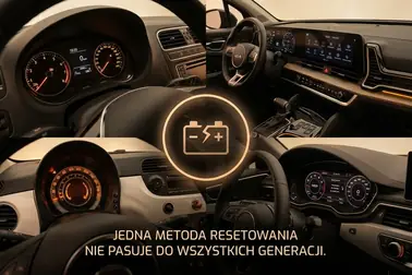 Polo 9N, Kia Sportage, Audi A4 i samochód marki Fiat zestawione przy informacji o różnych procedurach resetu