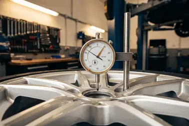 Pomiar bicia promieniowego felgi aluminiowej za pomocą czujnika zegarowego