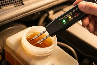 Pomiar jakości płynu hamulcowego elektronicznym testerem w zbiorniczku samochodu