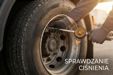 Pomiar manometrem ciśnienia w oponie ciężarowej przed rozpoczęciem jazdy