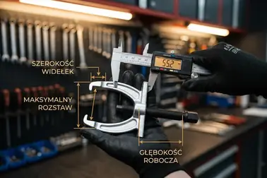 Pomiar szczeliny widełek, rozwarcia i głębokości roboczej ściągacza do końcówki drążka
