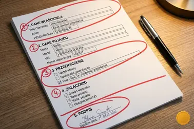 Ponumerowane części wniosku o rejestrację pojazdu odpowiadające danym właściciela, pojazdu, celowi, załącznikom i podpisowi