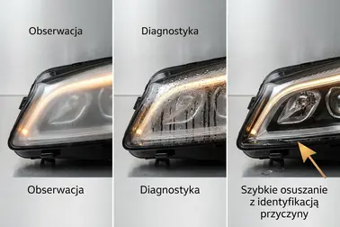 Porównanie cienkiej mgiełki (obserwacja), kropli z zaciekami (diagnostyka) oraz stojącej wody (osuszenie i przyczyna)