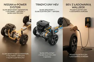 Porównanie sposobu napędzania kół i ładowania w Nissan e-Power, klasycznej hybrydzie, PHEV i samochodzie elektrycznym