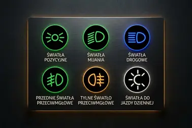 Porównanie symboli świateł pozycyjnych, mijania, drogowych, przeciwmgłowych i dziennych