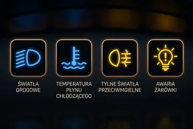 Porównanie symbolu świateł drogowych, temperatury, tylnego światła przeciwmgielnego i awarii żarówki
