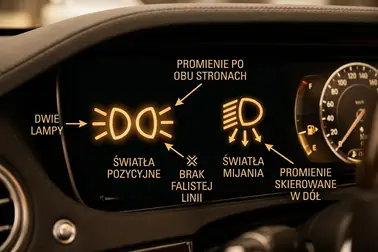 Porównanie symbolu świateł pozycyjnych ze światłami mijania z zaznaczonymi dwiema lampami i promieniami