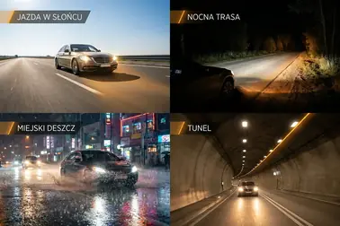 Porównanie właściwego oświetlenia podczas jazdy w dzień, nocą, w deszczu i w tunelu