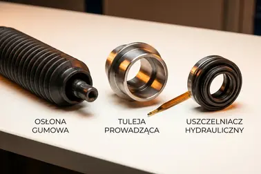 Porównanie wyglądu, miejsca montażu i funkcji uszczelniacza ciśnieniowego, tulei prowadzącej oraz osłony przekładni