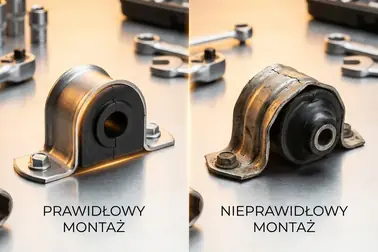 Prawidłowo osadzona tuleja stabilizatora oraz tuleja podwinięta i źle dopasowana pod obejmą
