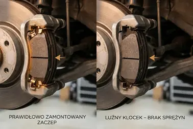 Prawidłowo zamocowany i luźny klocek hamulcowy w zacisku