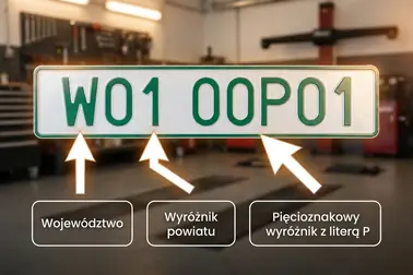 Profesjonalny numer W01 00P01 z oznaczeniem litery województwa, wyróżnika powiatu i członu z literą P