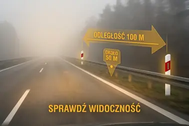 Prosty odcinek autostrady pokazujący odległość 100 metrów między słupkami U-1a z zaznaczoną połową dystansu. Pamiętaj, że na łukach metoda ta nie działa automatycznie.