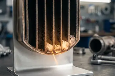 Przekrój filtra DPF pokazujący nagromadzenie sadzy i niepalnego popiołu