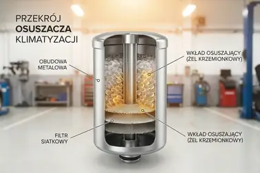 Przekrój filtra-osuszacza klimatyzacji z obudową, wkładem osuszającym i elementem filtracyjnym