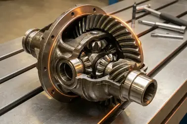 Przekrój mechanizmu różnicowego z koszem, satelitami, kołami koronowymi, kołem talerzowym i wałkiem atakującym
