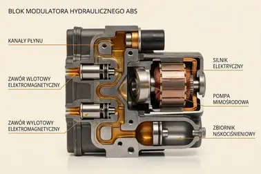 Przekrój modulatora ABS z elektrozaworami, pompą, silnikiem i akumulatorem hydraulicznym