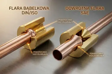 Przekrój połączeń kielichowych typu DIN/ISO bubble flare i SAE double inverted flare wraz z gniazdami