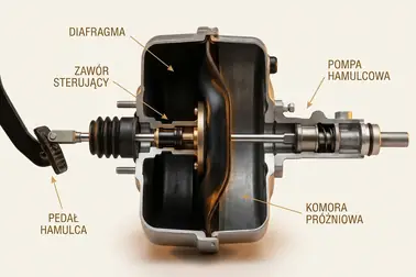 Przekrój serwa hamulcowego z membraną, komorami, zaworem i popychaczami