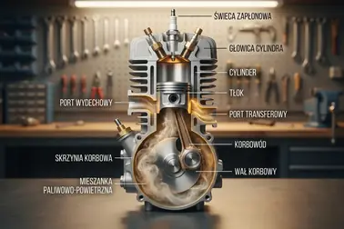 Przekrój silnika skutera 2T z widocznym tłokiem, skrzynią korbową i kanałami cylindra.