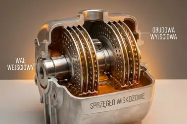 Przekrój sprzęgła wiskotycznego z naprzemiennymi płytkami zanurzonymi w płynie silikonowym