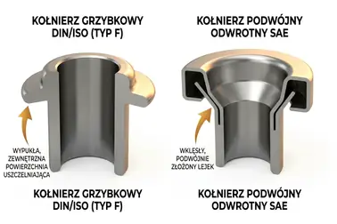 Przekrój techniczny i powierzchnia uszczelniająca kielichów typu DIN/ISO F oraz podwójnego SAE