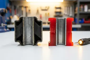 Przekrój tulei metalowo-gumowej i dzielonej tulei poliuretanowej z metalową tuleją wewnętrzną