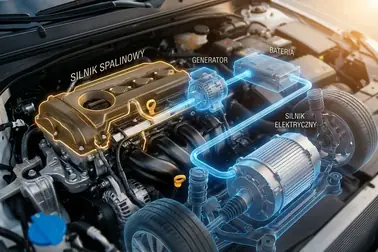 Przepływ energii od silnika spalinowego przez generator do elektrycznego napędu kół
