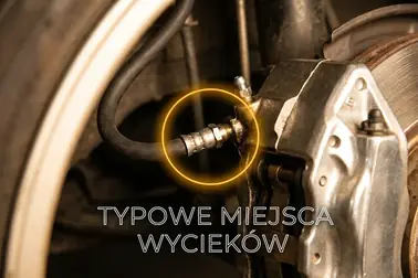 Przewód elastyczny, zacisk, odpowietrznik i połączenia układu hamulcowego przy kole