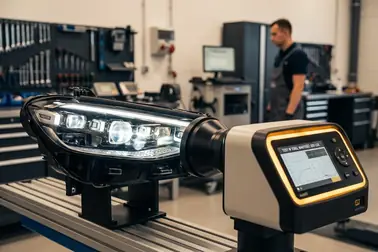 Reflektor LED z aktywnym systemem poziomowania podczas profesjonalnej kontroli wiązki