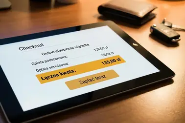 Rozbicie kosztów zakupu winiety online z widoczną prowizją na ekranie tabletu