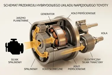 Rozdział mocy między silnik spalinowy, generator, silnik elektryczny i koła w hybrydzie power-split