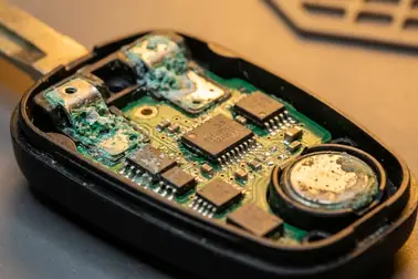 Rozłożony kluczyk bezkluczykowy z baterią, stykami i płytką elektroniczną