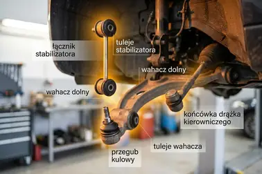 Rozmieszczenie łącznika, gum stabilizatora, wahacza i drążka kierowniczego