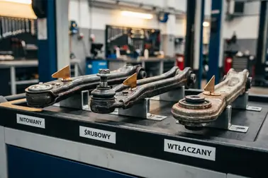 Różne sposoby mocowania sworznia wahacza: śruby, nity i połączenie wciskane